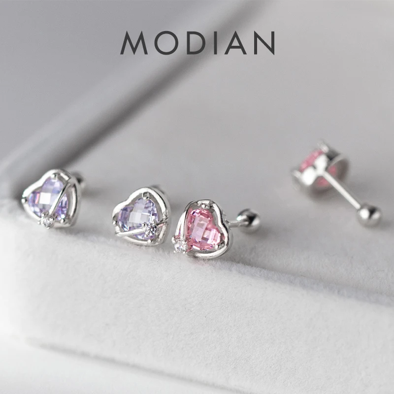 Modian 925 Sterling Silver Romantic Hearts Zirconia Stud Earrings Fashion Screw Ear Studs For Women Wedding Fine Jewelry Gifts 1