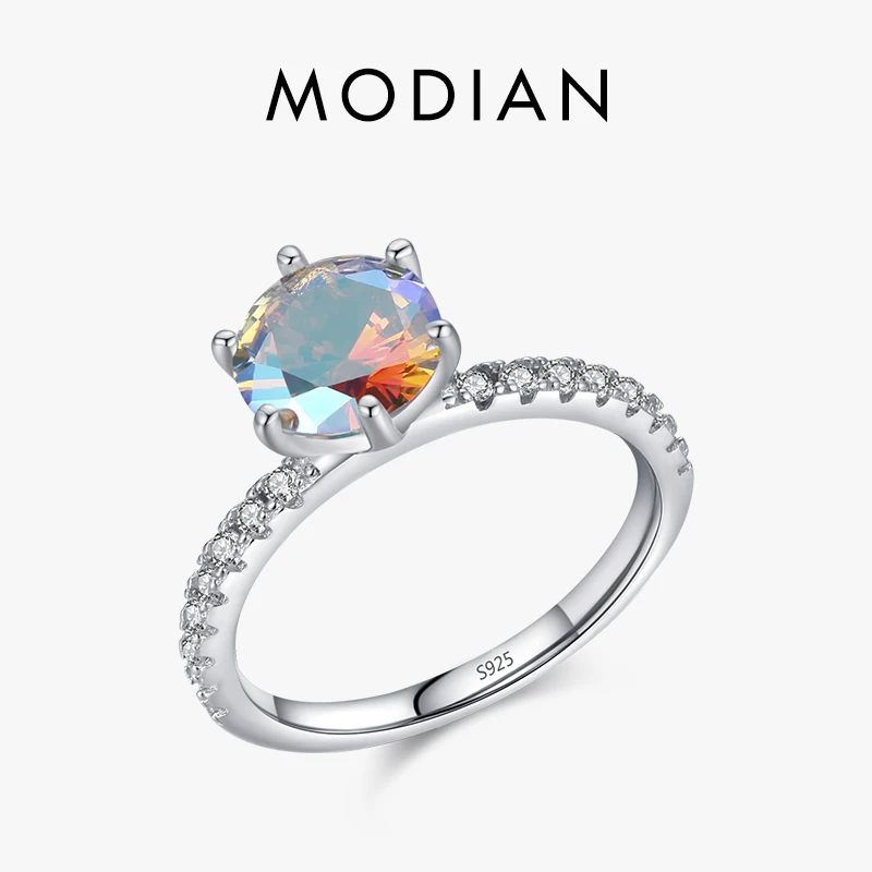 Modian Genuine 925 Sterling Silver Sparkling Round Zircon Ring For Women Colorful Band Simple Rings Fine Jewelry Wedding Gift 1