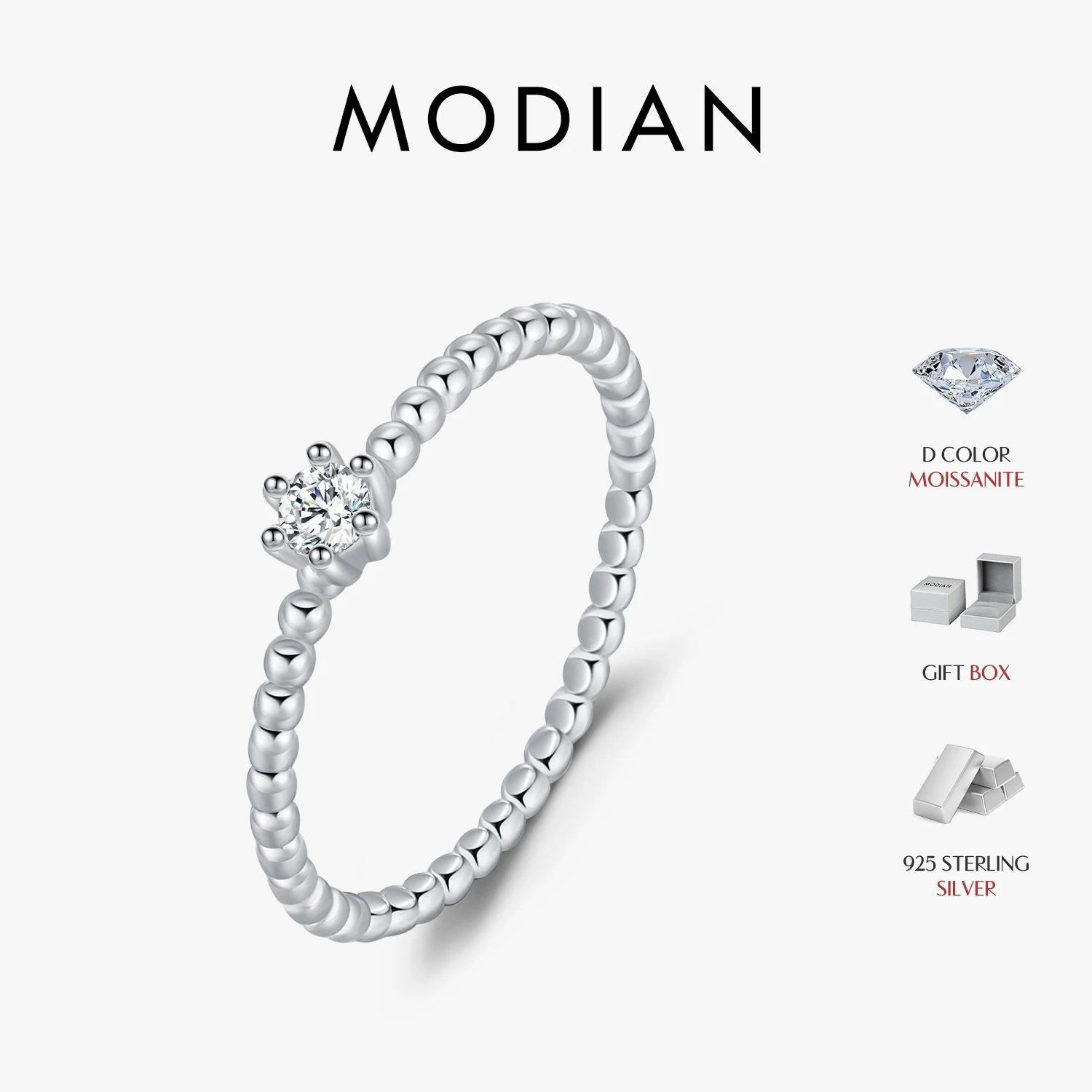 MODIAN D Color Round Moissanite Lab Diamond Rings 925 Sterling Silver Simple Classic Beads Stackable Ring For Women Jewelry 1