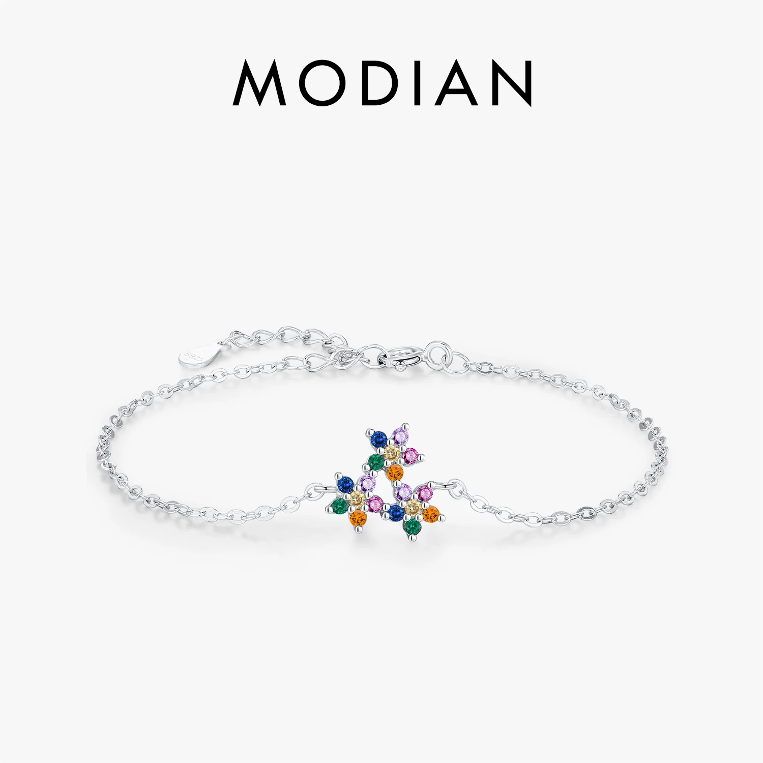 MODIAN 925 Sterling Silver Cute Rainbow Color Zirconia Three Small Flowers Link Chain Bracelets For Women Fine Jewelry 1
