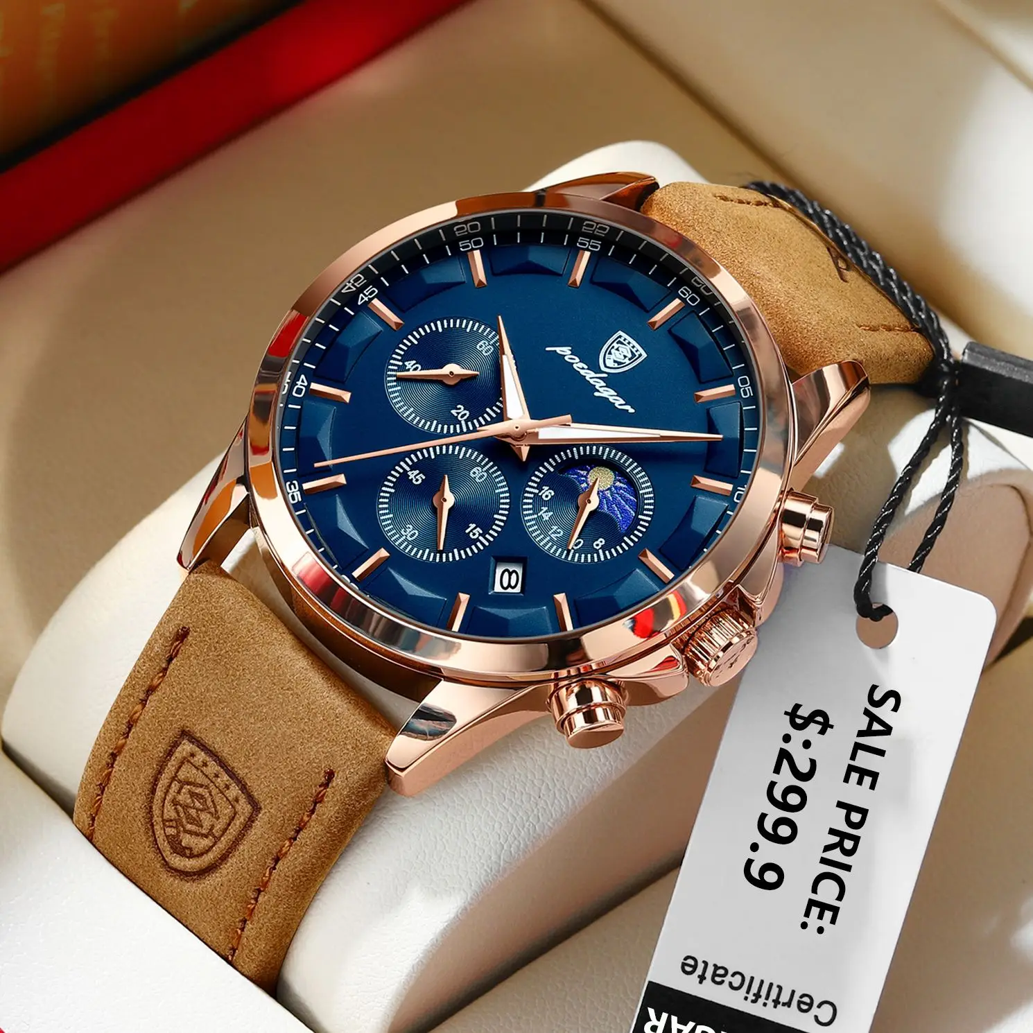 POEDAGAR Men Quartz Watch Luxury Sports Waterproof Chronograph Luminous Date Man Wristwatch Business Leather Men's Watches Clock 1