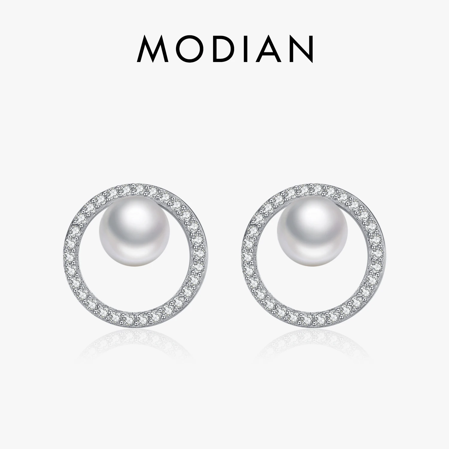 MODIAN 925 Sterling Silver Circle Crystal Pearl Dazzling Stud Earrings Luxury Hollow Fine Jewelry For Women Anniversary Gifts 1