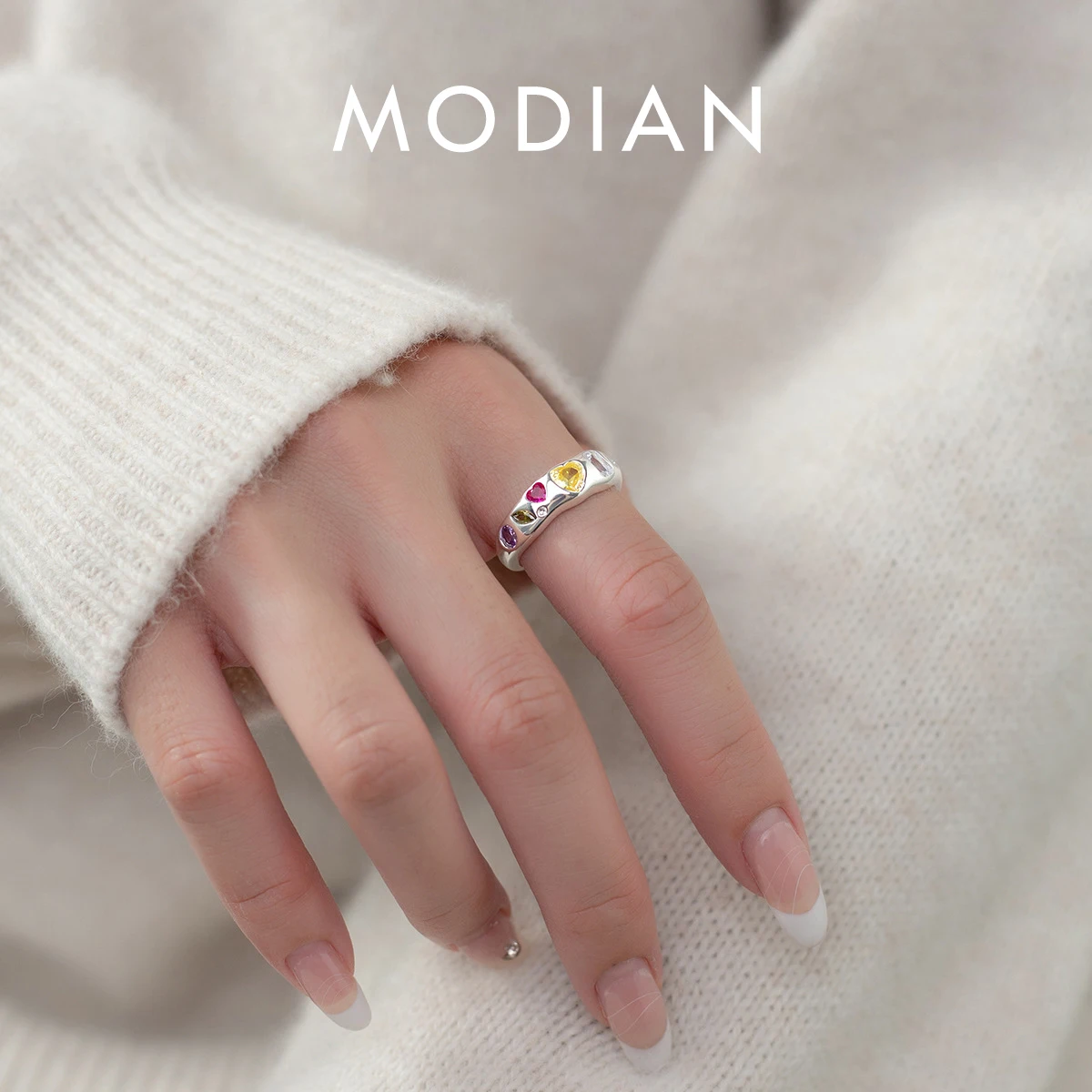 MODIAN Multicolour Zironia Adjustable Ring 925 Sterling Silver Rainbow Color Hearts Open Size 6-9 Finger Rings For Women Jewelry 1