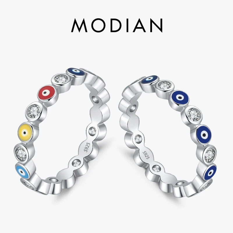 MODIAN 925 Sterling Silver Delicate Rainbow Color Enamel Eyes Stackable Finger Rings For Women Shining Clear CZ Fashion Jewelry 1
