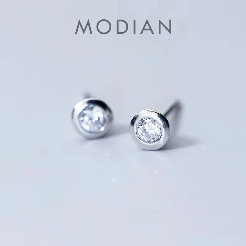 Modian Genuine 925 Sterling Silver Dazzling AAA Zircon Stud Earring for Wome Simple Round Ear Studs Fine Jewelry Accessories 1