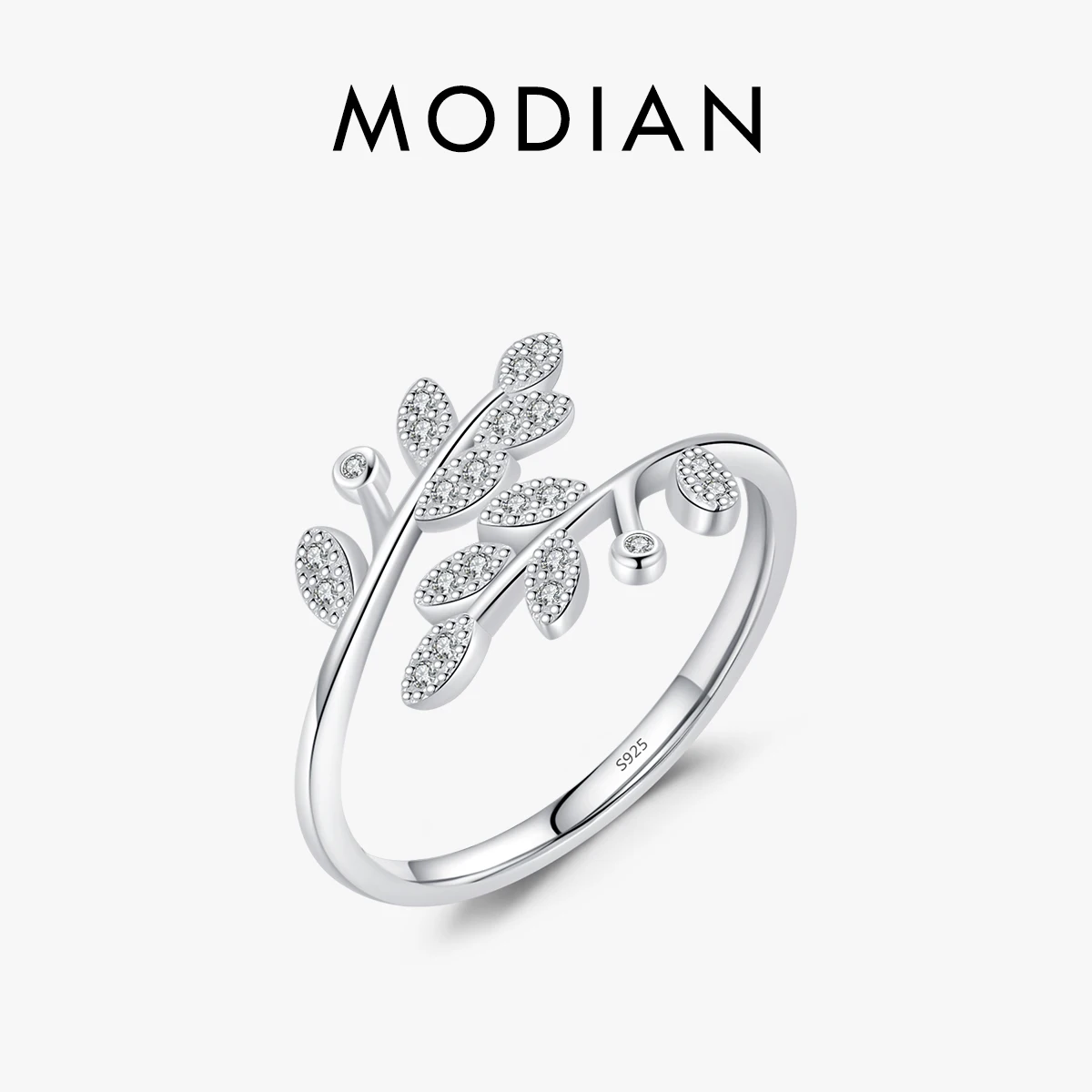 MODIAN 925 Sterling Silver Lucky Tree Leaf Finger Adjustable Rings Sparkle CZ Opening Size 6-9 Ring For Women Fine Jewelry Gift 1