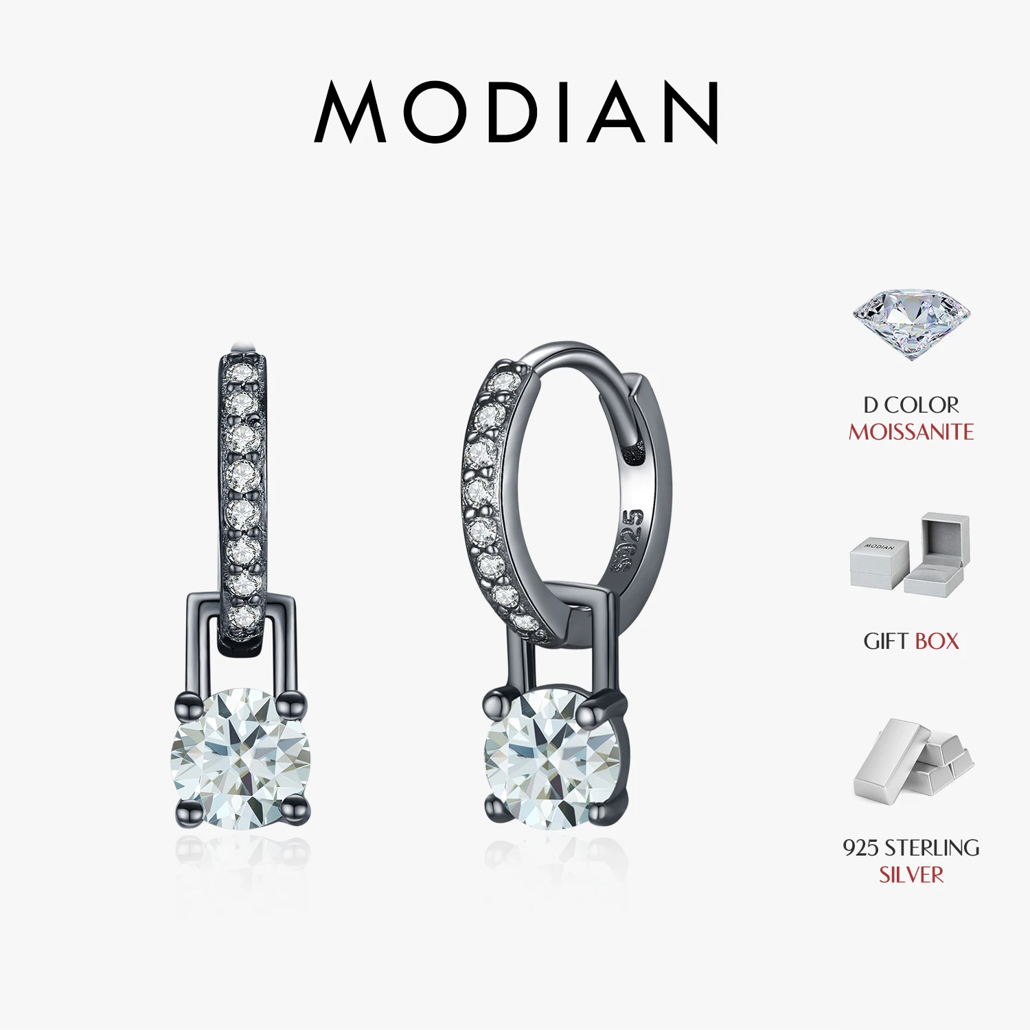 MODIAN 0.5Ct D Color Light Green Moissanite Swing Hoop Earrings 925 Sterling Silver Black Punk Ear Buckles for Women Jewelry 1