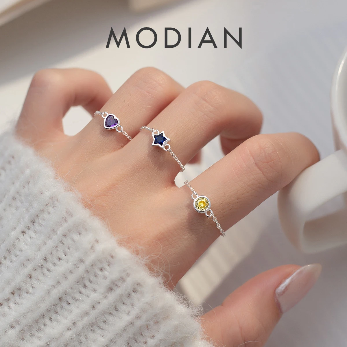 MODIAN New Design 925 Sterling Silver link Chain Colorful Stars Heart Adjustable Ring Fashion Party Fine Jewelry For Women Gift 1