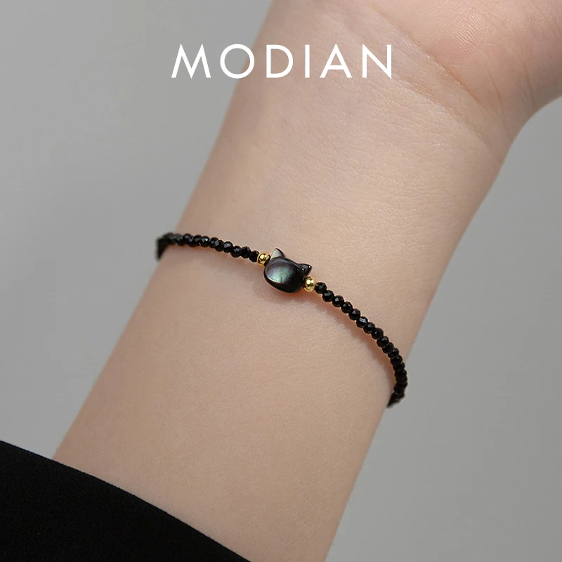 Modian 925 Sterling Silver Vintage Black Round Crystal Bracelet Cute Cat Link Chain Bracelet For Women Party Jewelry Gifts 1