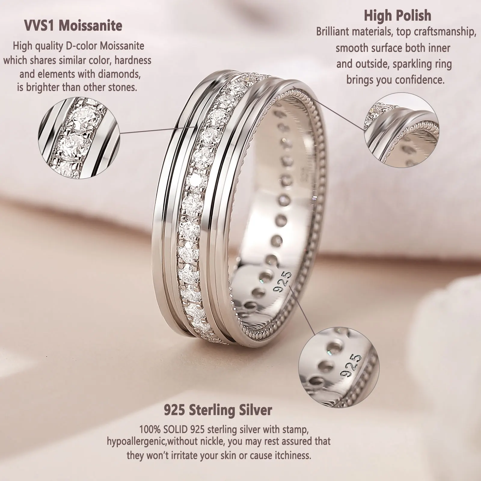 Newshe D Color Men’s Moissanite Wedding Bands 925 Sterling Silver Promise Rings for Him Eternity Round Cut Pave Setting Jewelry 3