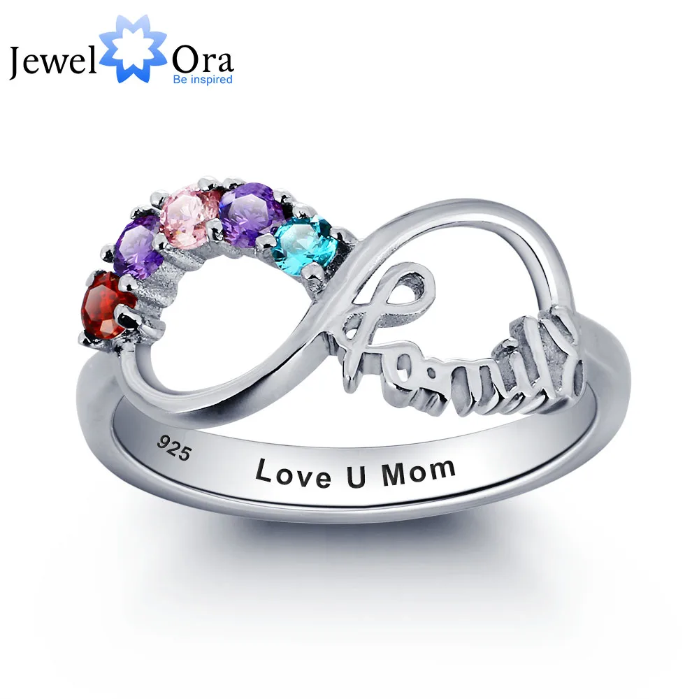 Personalized Engrave Birthstone Infinity Family Jewelry Cubic Zirconia 925 Sterling Silver Ring Gift For Mum(JewelOra RI101787) 1