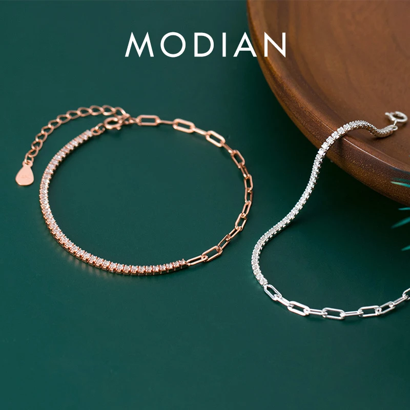 Modian Stackable Zirconia Geometric Oval Interlock Genuine 925 Sterling Silver Asymmetry Bracelet Bangle for Women Fine Jewelry 1