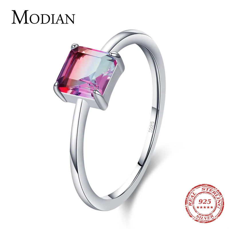 Modian 100% 925 Sterling Silver Emerald Cut Romantic Square Rainbow Color Tourmaline Finger Ring For Women Statement Jewelry 1