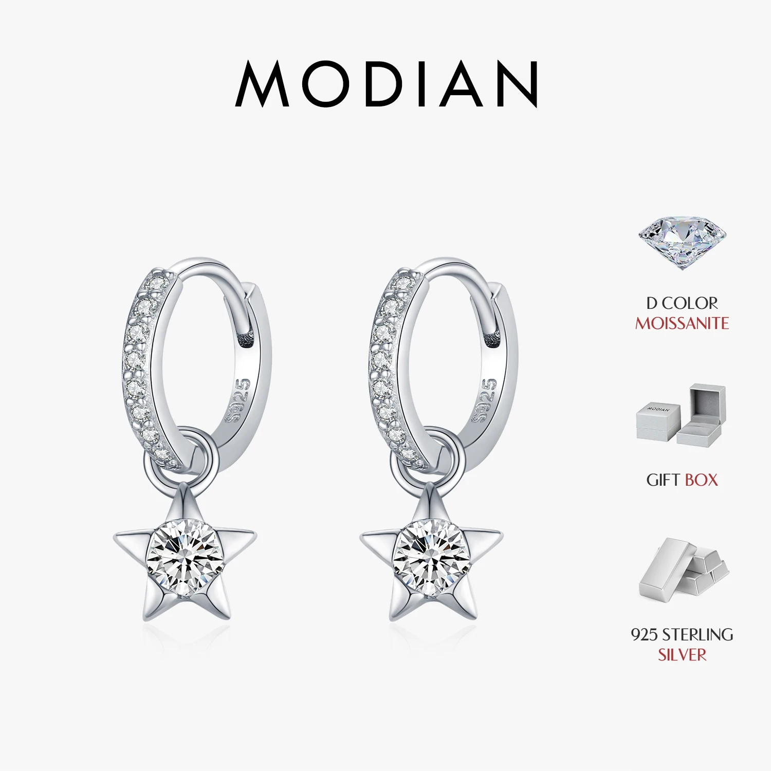MODIAN D Color Round Moissanite Ear Buckles 925 Sterling Silver Fashion Stars Hoop Earrings For Women Wedding Jewelry Gifts 1