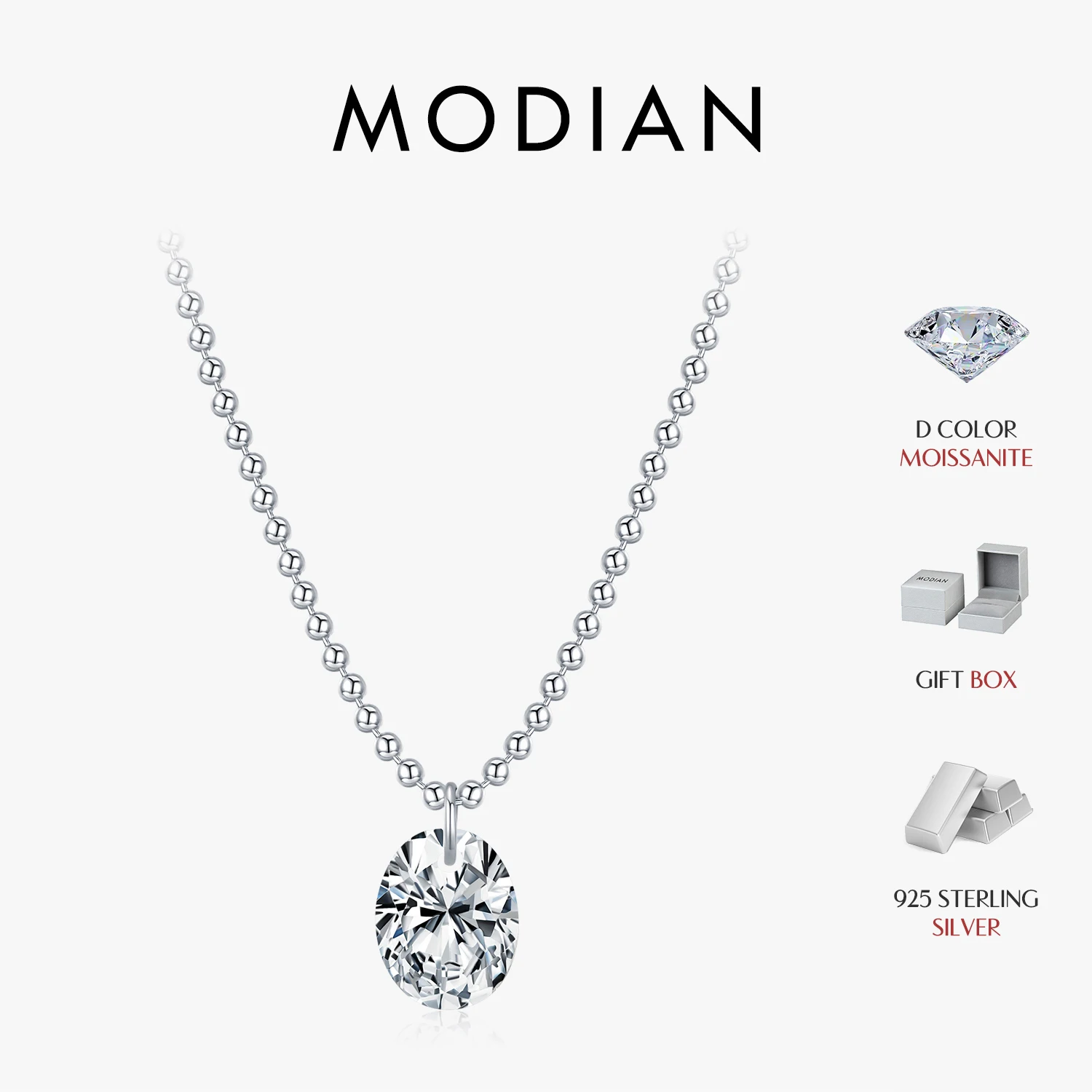 MODIAN 1.5 Carat Oval Moissanite Pendant 925 Sterling Silver Simple Beads Chain Pendant Necklace For Women Daily Fine Jewelry 1