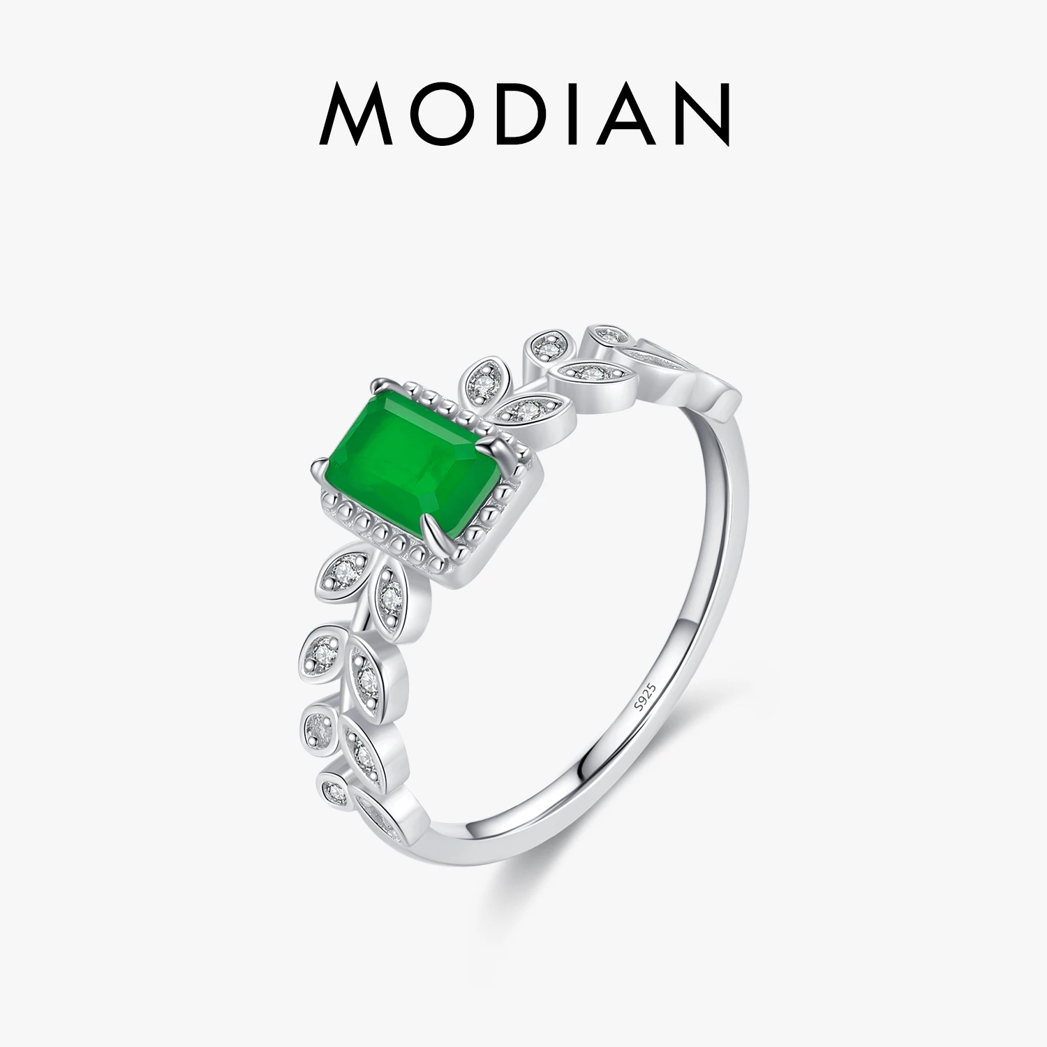 MODIAN Vintage Leaves Ring 925 Sterling Silver Rectangle CZ Charm Lucky Rings For Women Birthday Anniversary Gift Fine Jewelry 1