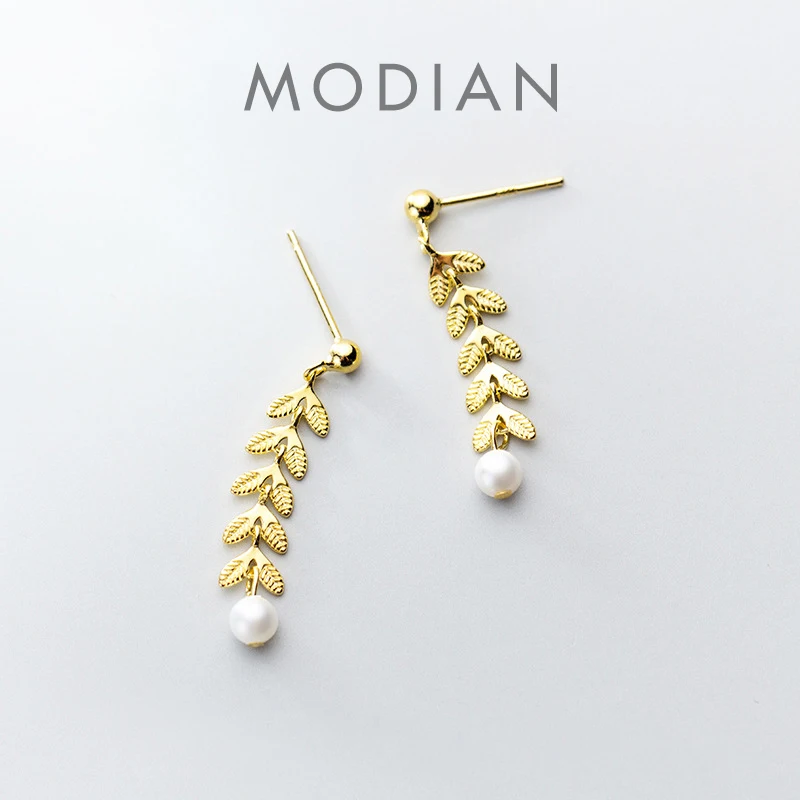 Modian Authentic 925 Sterling Silver Long Tree Branch Leaves Elegant Pearl Drop Dangle Earring for Women OL Style Fine Jewelry 1