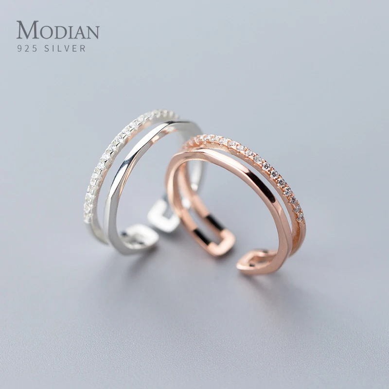 Modian Luxury Wedding Engagement Ring for Women Real 925 Sterling Silver Shiny Zircon Double Circle Open Free Size Fine Jewelry 1