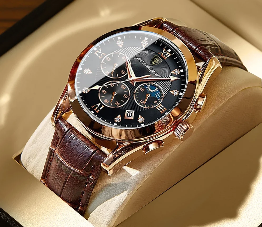POEDAGAR Men Watches Waterproof 2021 Fashion New Leather  Luminous Wristwatch Top Brand Luxury Mens Quartz Relogio Masculino 1