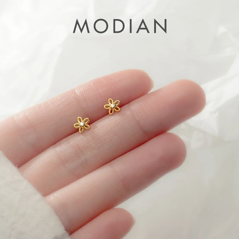 Modian Clear CZ Mini Cute Little Sun Flower 100% 925 Sterling Silver Stud Earring for Women Flora Ear Pin Fine Jewelry Kids Gift 1