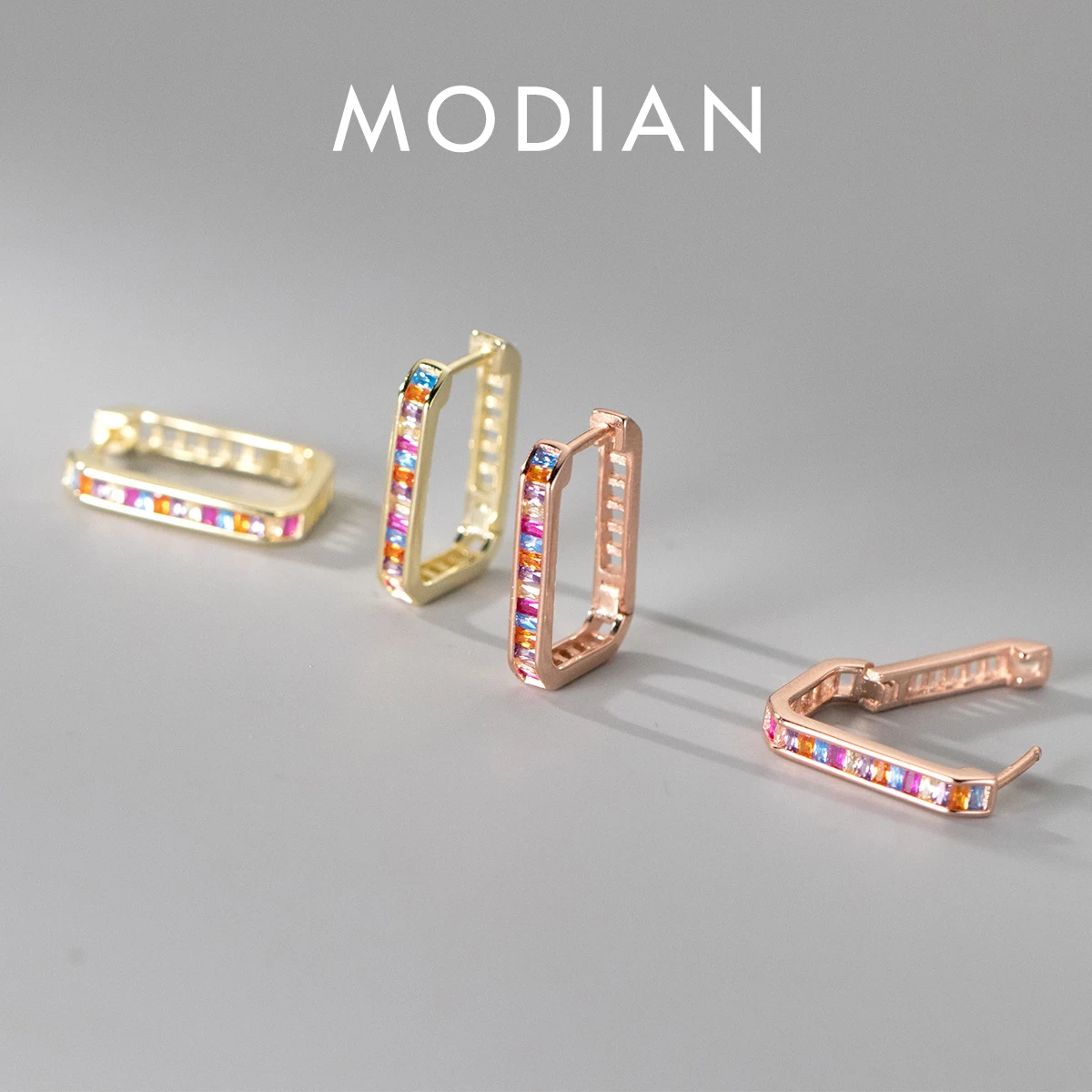 Modian 925 Sterling Silver Rainbow Color Zirconia Hoop Earrings Rectangle Trendy Party Earring For Women Wedding Fine Jewelry 1