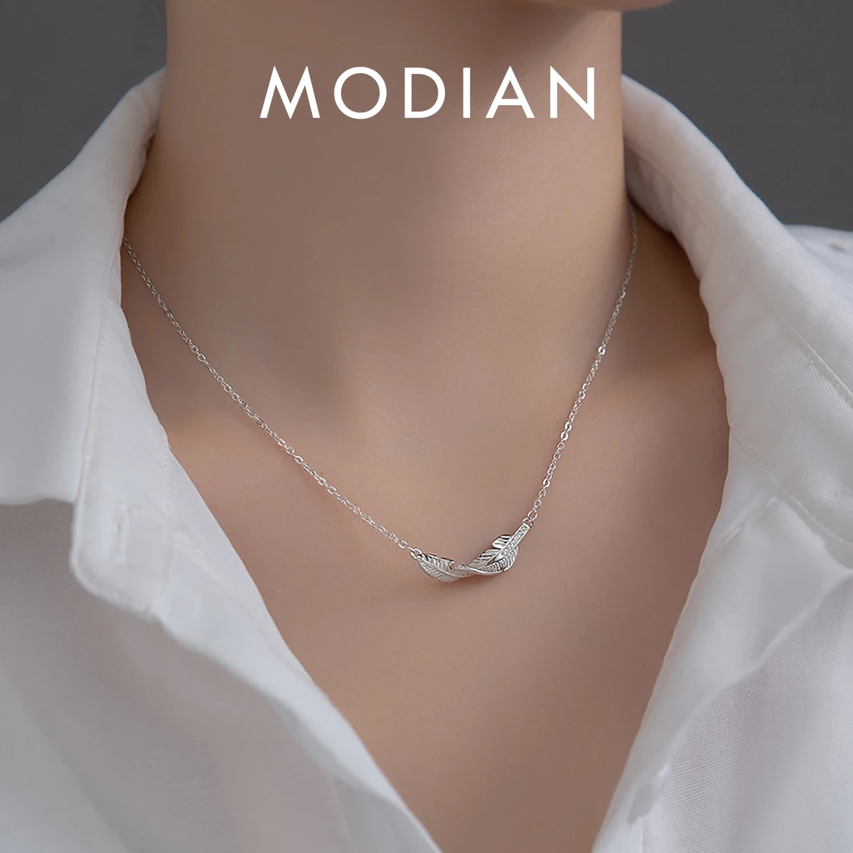 Modian 925 Sterling Silver Platinum Plated Lucky Leaf Geometric Pendant Necklace Fashion Link Chain For Women Valentine's Day 1