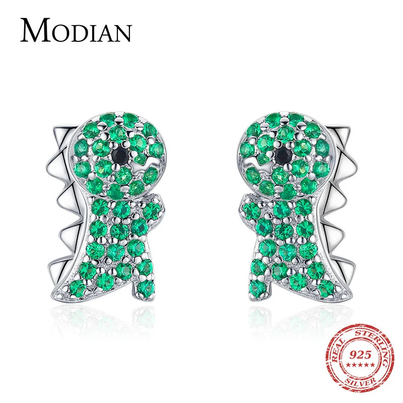 Modian Genuine 925 Sterling Silver Trendy Green CZ Cute Dinosaur Stud Earrings For Grils Women Exquisite Animal Jewelry Gift 1