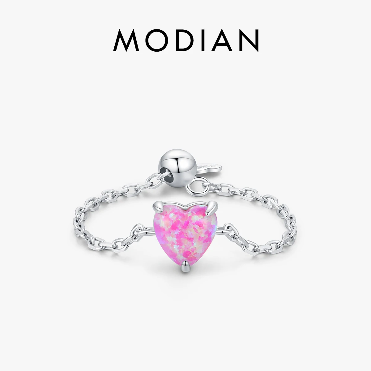 Modian 925 Sterling Silver Romantic Heart Opal Sparkling Link Chain Adjustable Finger Rings Classic Wedding Jewelry For Women 1