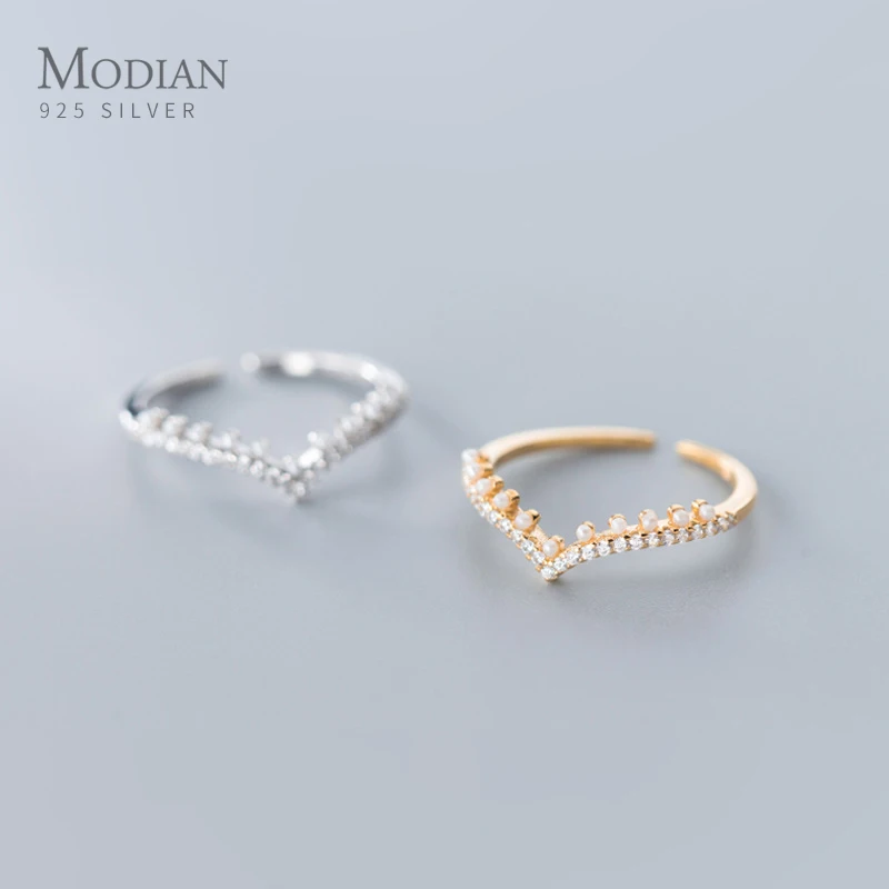 Modian Radiant Zircon V Shape Elegant Pearl Sterling Silver 925 Ring for Women Free Size Ring Luxury Wedding Gift Fine Jewelry 1