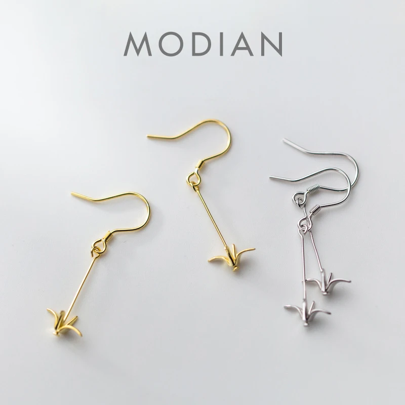 Moidan Fashion 925 Sterling Silver Cute Paper Crane Long Chain Drop Earrings for Women Girl Gold Color Earrings Fine Jewelry 1
