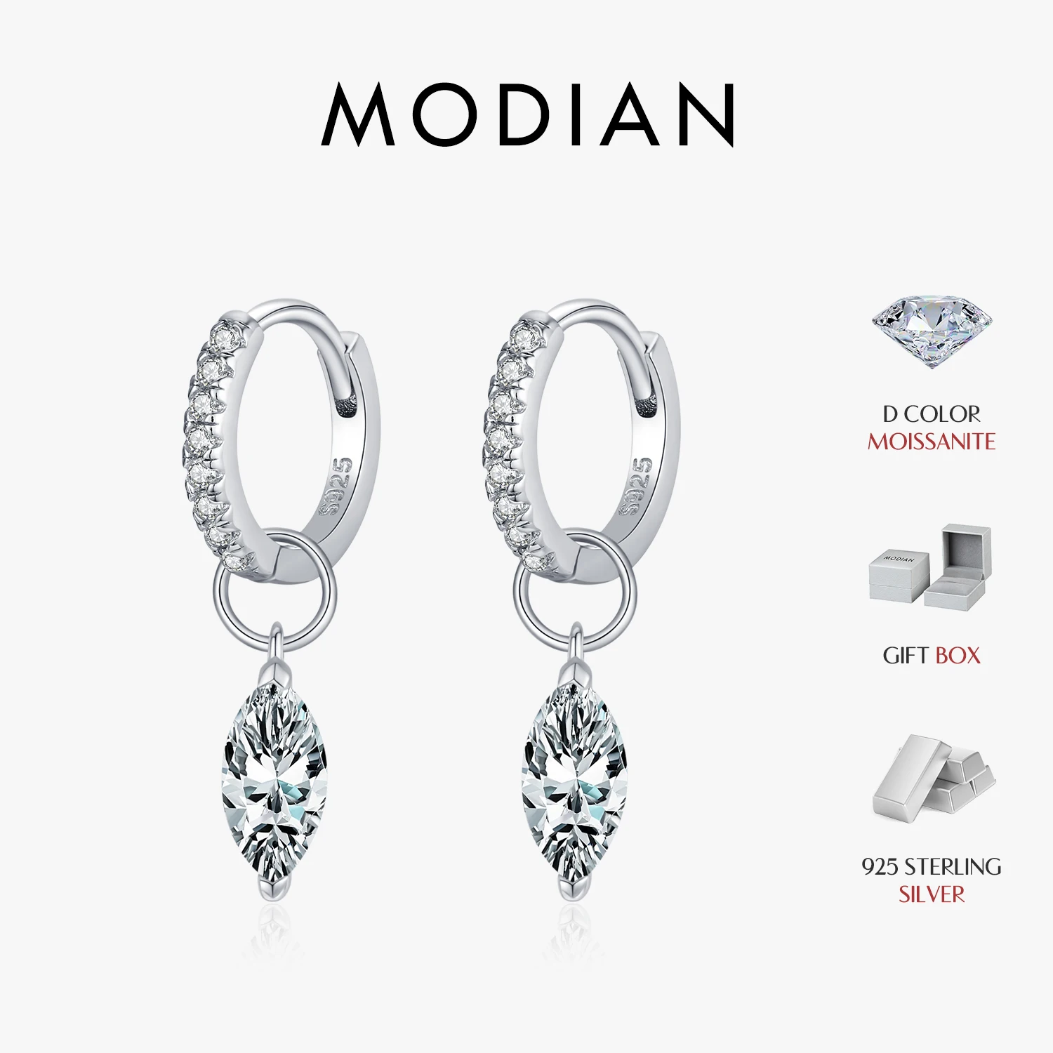 MODIAN 0.5Ct D Color Rhombic Moissanite Ear Buckles 925 Sterling Silver Luxury Shiny Hoop Earrings for Women Wedding Jewelry 1