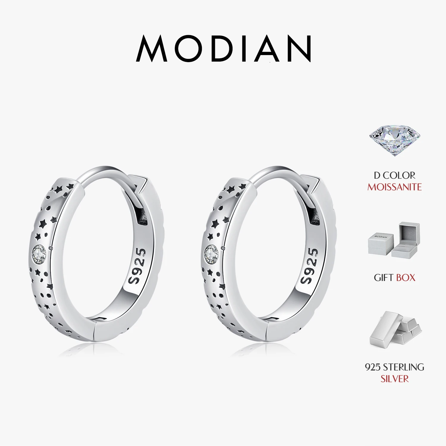 MODIAN D Color Moissanite Ear Buckles 925 Sterling Silver Sparkle Retro Hollow Stars Hoop Earrings For Women Fine Jewelry 1