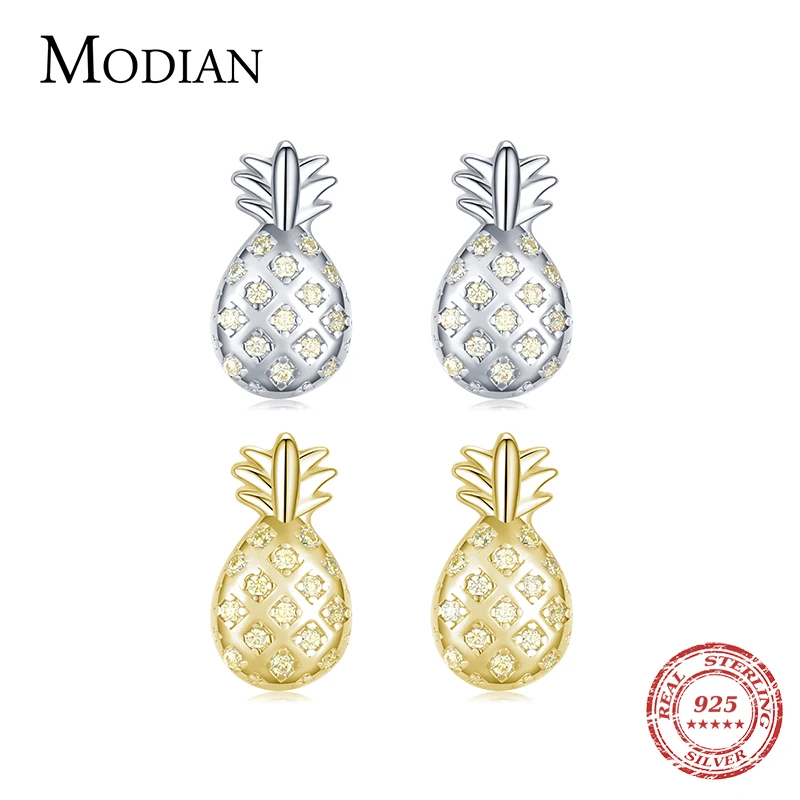 Modian 925 Sterling Silver Cute Pineapple Stud Earrings Fashion Gold Color Crystal Ear Studs For Women Girls Fine Jewelry Arete 1