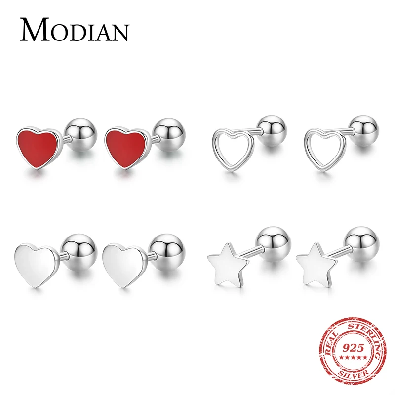 Modian 4 Style Minimalist Real 925 Sterling Silver Enamel Hearts Stars Screw Small Stud Earrings For Women Girls Fine Jewelry 1
