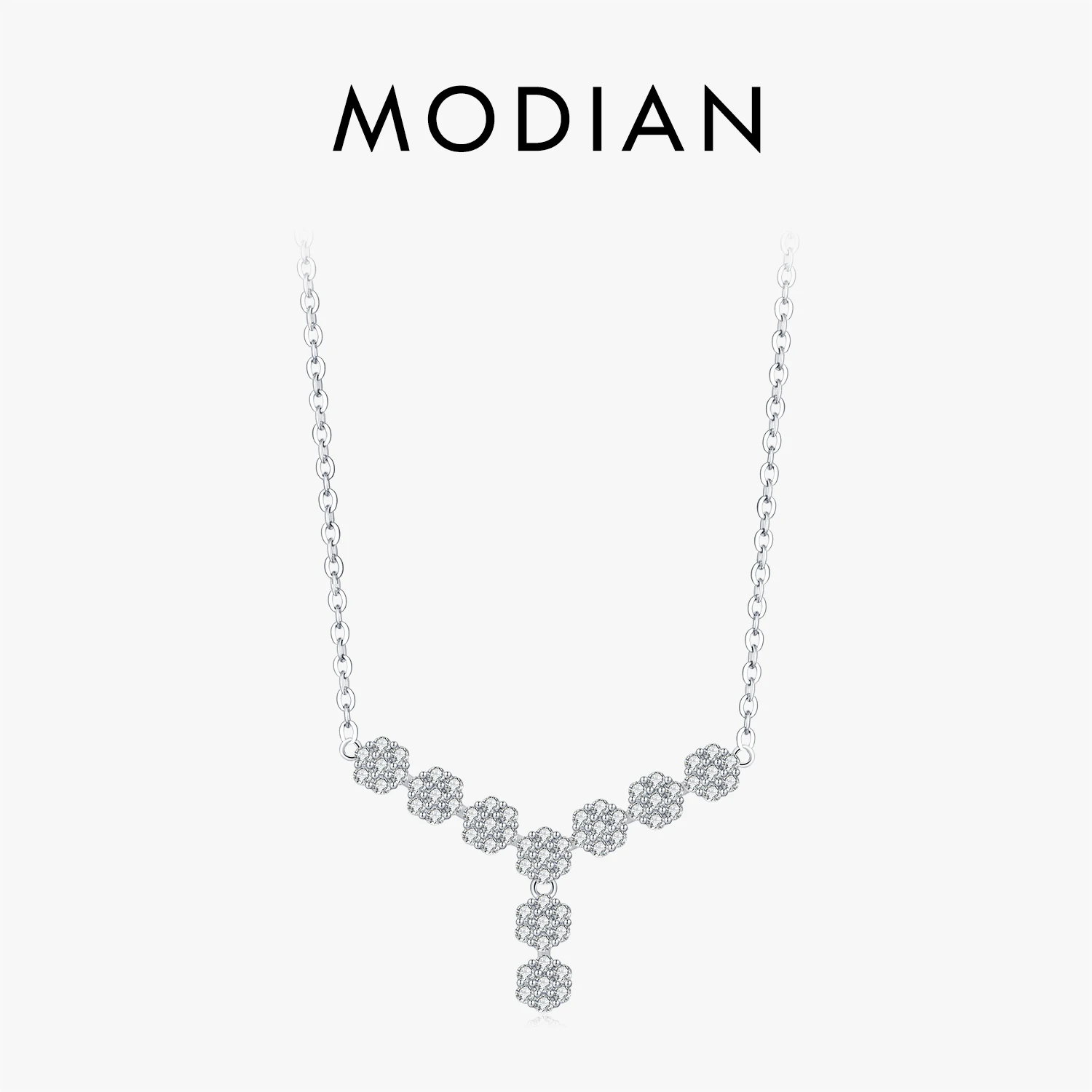 MODIAN 925 Sterling Silver Exquisite Flower Sparkling Clear Zirconia Link Chain Pendant Necklace For Women Fine Jewelry 1
