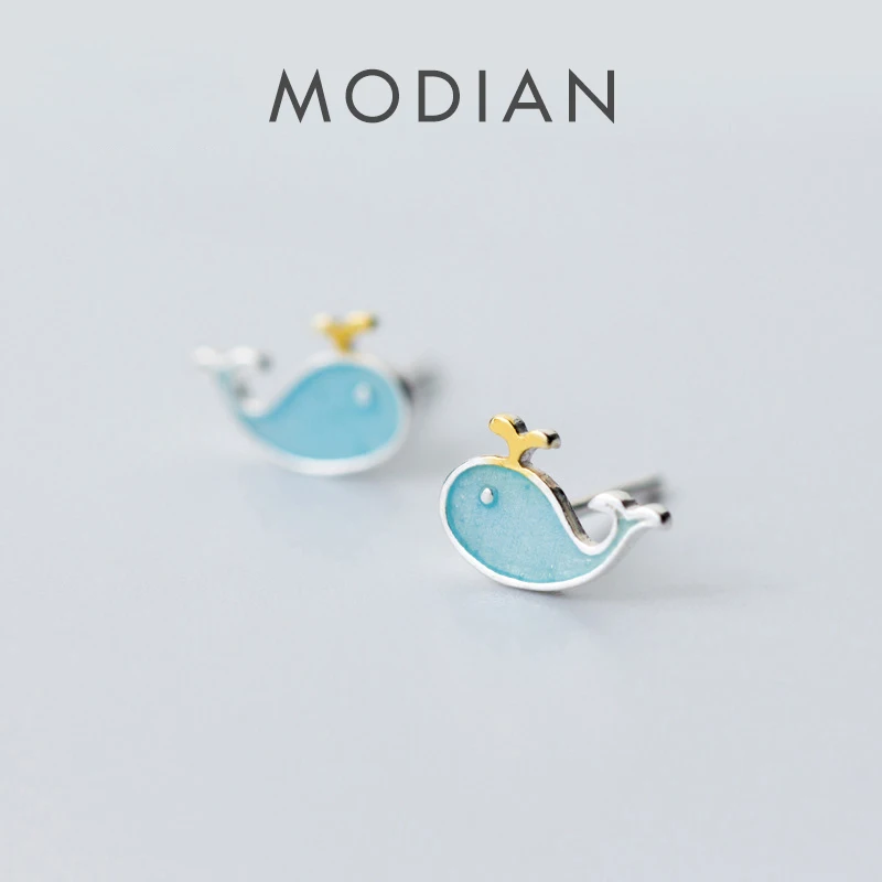 Modian Tiny Enamel Dolphin Jewelry For Women 925 Sterling Silver Animal Whale Cute Stud Earrings Korean Female Silver Earring 1