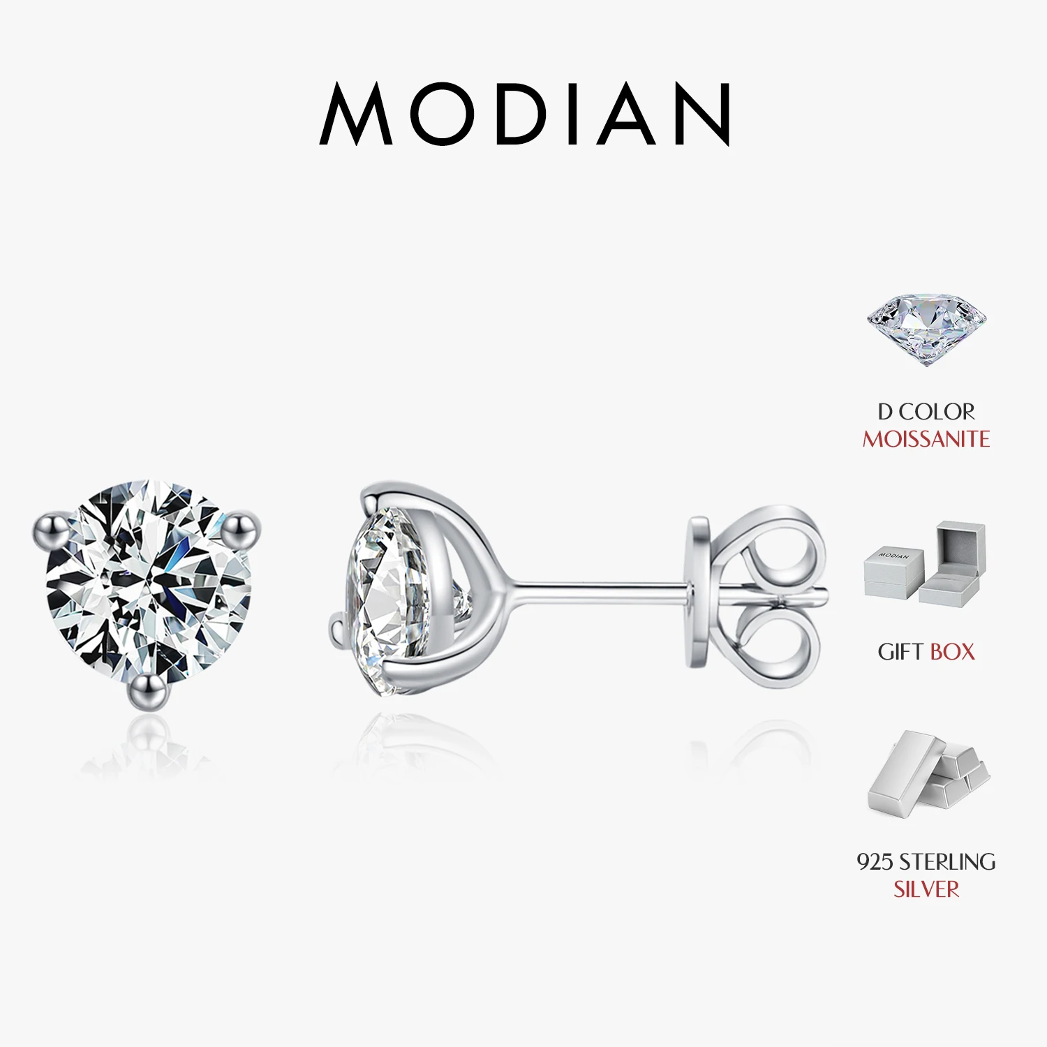 MODIAN D Color 1CT Moissanite Earrings 925 Sterling Silver Sparkling Three Prong Setting Stud Earrings For Women Wedding Jewelry 1