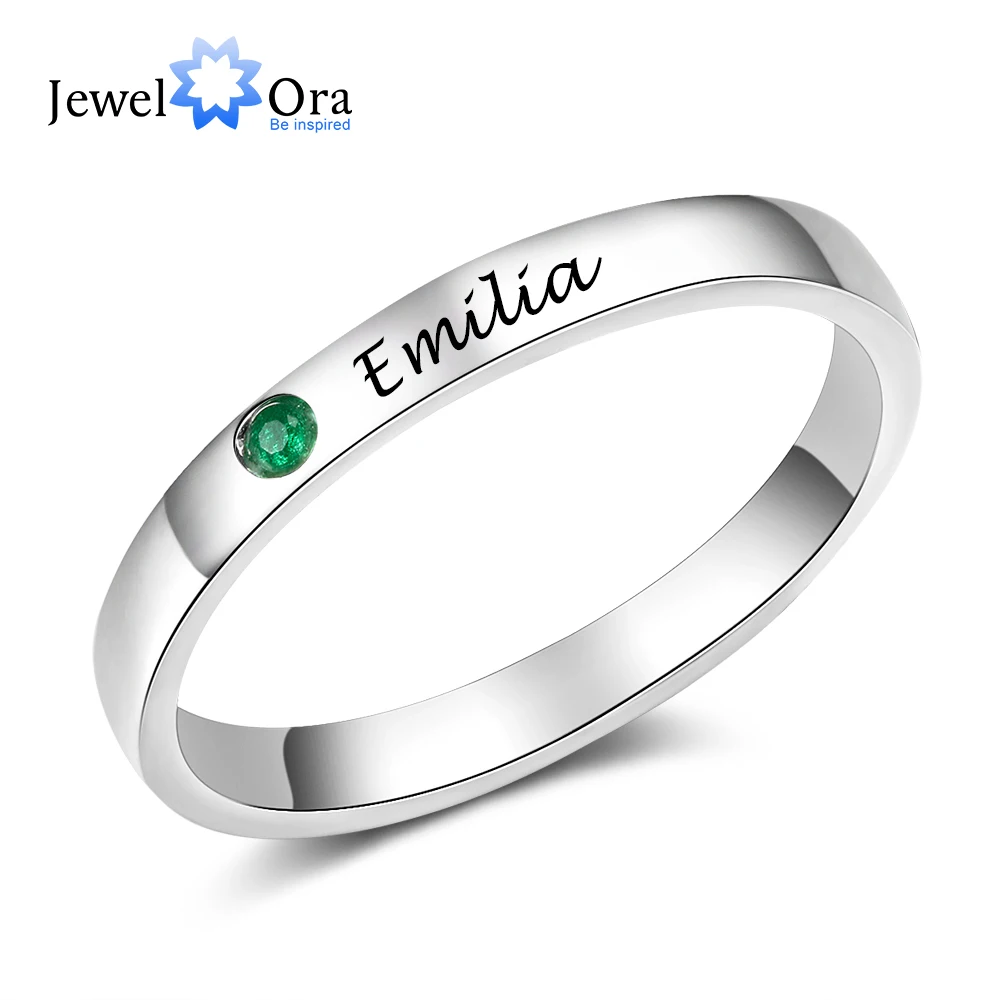 JewelOra Silver Color Personalized Name Ring with Birthstone Custom Engraved Rings for Women Fashion Jewelry Gifts for Mother 1