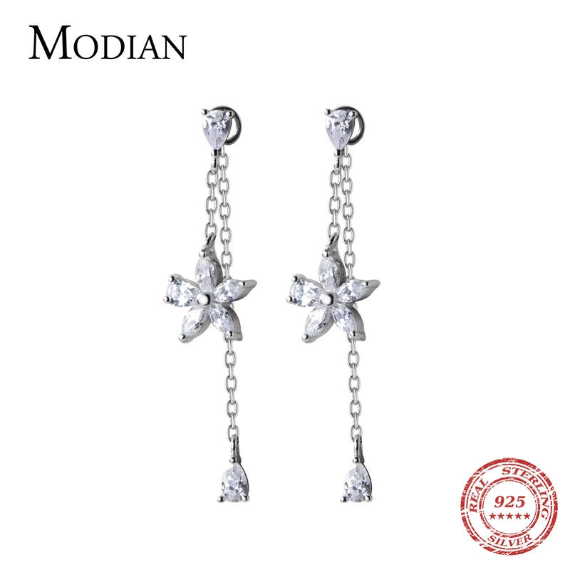 Modian Trendy Swing Flower Drop Earrings Elegant 925 Sterling Silver Clear CZ Dangle Ear Pin For Women Wedding Statement Jewelry 1