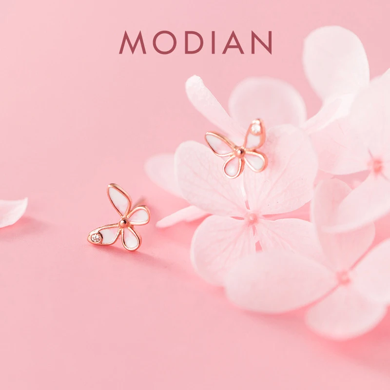 Modian High Quality 925 Sterling Silver Enamel Sweet Cute Dancing Butterfly Stud Earrings for Women Tiny Ear Pin Fine Jewelry 1