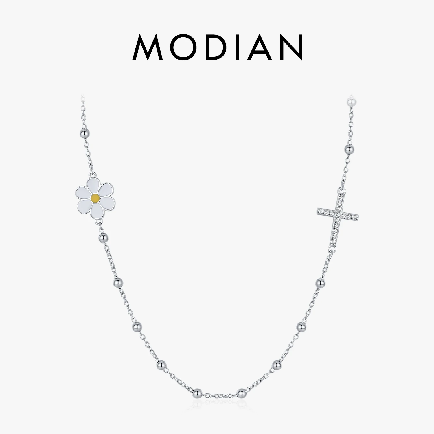 MODIAN 925 Sterling Silver Classic Daisy & Cross Dazzling Choker Pendant Necklace Dainty Beads Link Chain For Women Jewelry 1