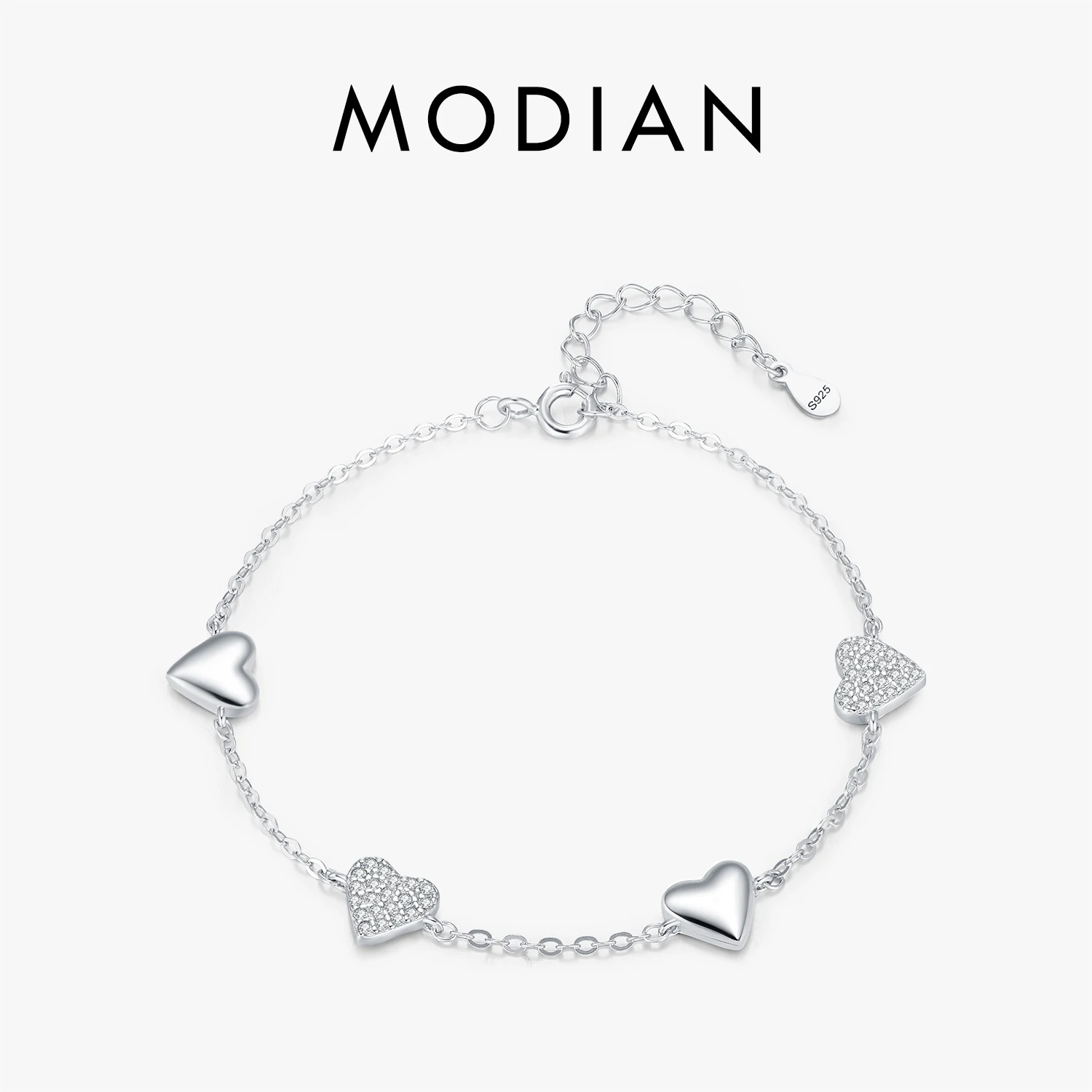 MODIAN Dazzling Zirconia Bracelet 925 Sterling Silver Exquisite Mirror Hearts Charms Stackable Bracelets For Women Fine Jewelry 1