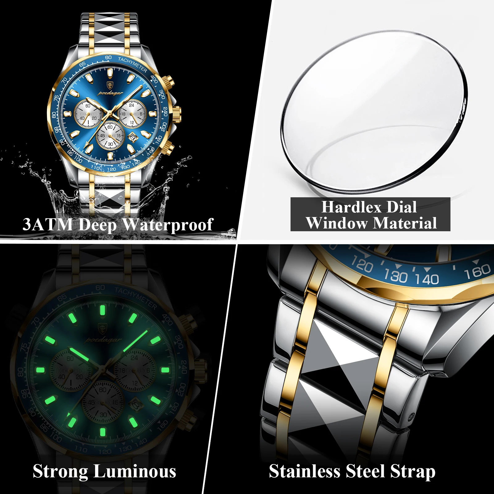POEDAGAR Luxury Sports Watch Men Quartz Waterproof Luminous Date Chronograph Men's Watches Stainless Steel Man Watch Male Clock 4