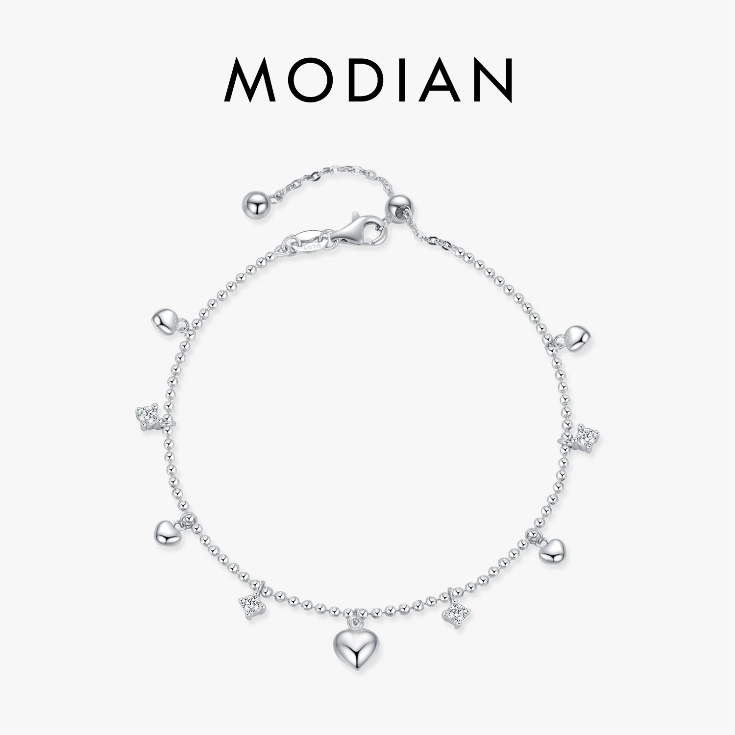 MODIAN 925 Sterling Silver Delicate Mirror Hearts Charm Beads Bracelet Romantic Trendy Link Chain For Women Fine Jewelry 1
