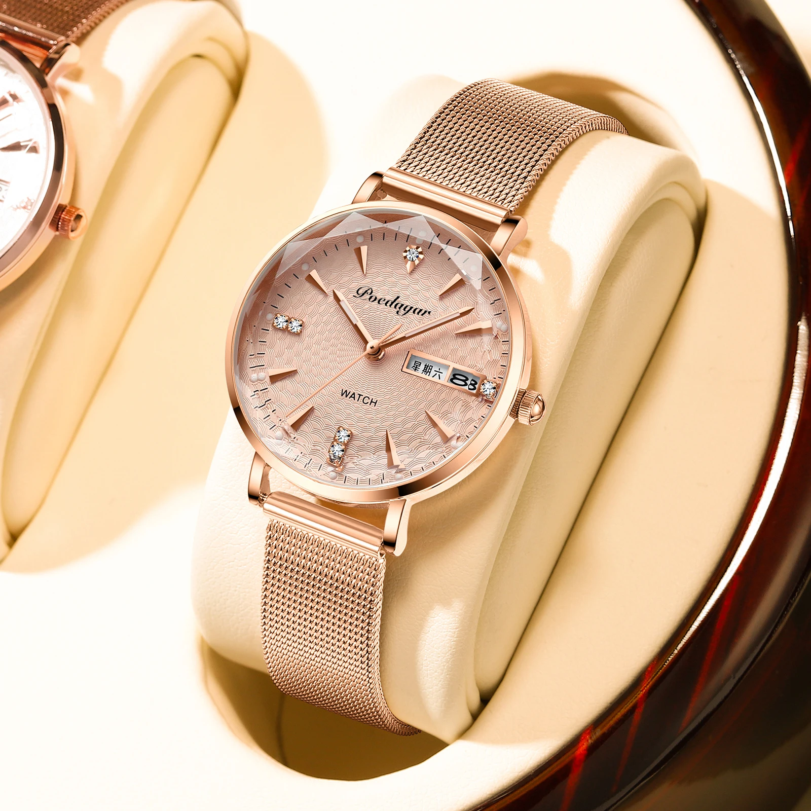 POEDAGAR Women Watches High Quality Japan Quartz Fashion Stainless Steel Mesh Simple Rhinestones Rose Gold Ladies Watch 1