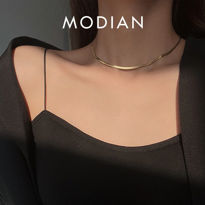 MODIAN 925 Sterling Silver Simple Snake Chain Necklace Trendy Gold Color Neck Chain For Women Engagement Wedding Fine Jewelry 1