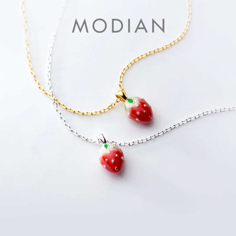 Modian Cute Strawberry Pendant Necklace for Women Fashion Genuine 925 Sterling Silver Gold Color Necklace Fine Jewelry Bijoux 1