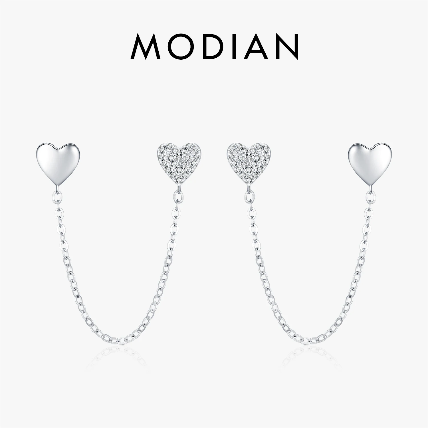 MODIAN Long Chain Tassel Earrings 925 Sterling Silver Delicate Mirror Hearts CZ Stud Earrings For Women Fine Stackable Jewelry 1
