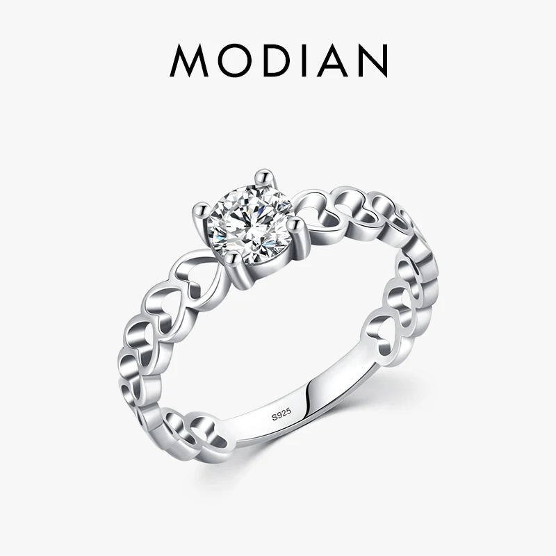Modian 925 Sterling Silver Romantic Hollow Hearts Promise Ring For Women Fine Jewelry Sparkling Round 5mm CZ Rings Fine Jewelry 1
