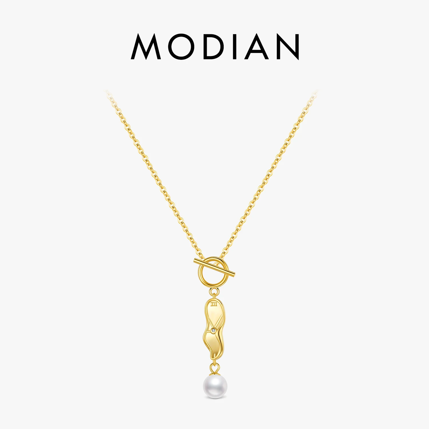 MODIAN 925 Sterling Silver Art Design The Persistence of Memory Twisted Clock Pearl Pendant Necklace For Women Fine Jewelry 1